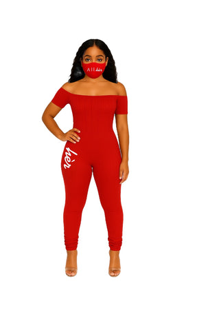 Red off-shoulder jumpsuit with stacked legs – All hèr
