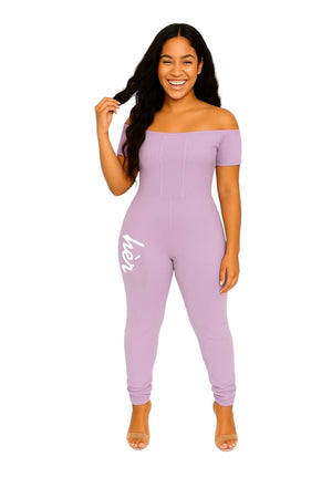 Lavender off-shoulder jumpsuit with stacked legs – All hèr