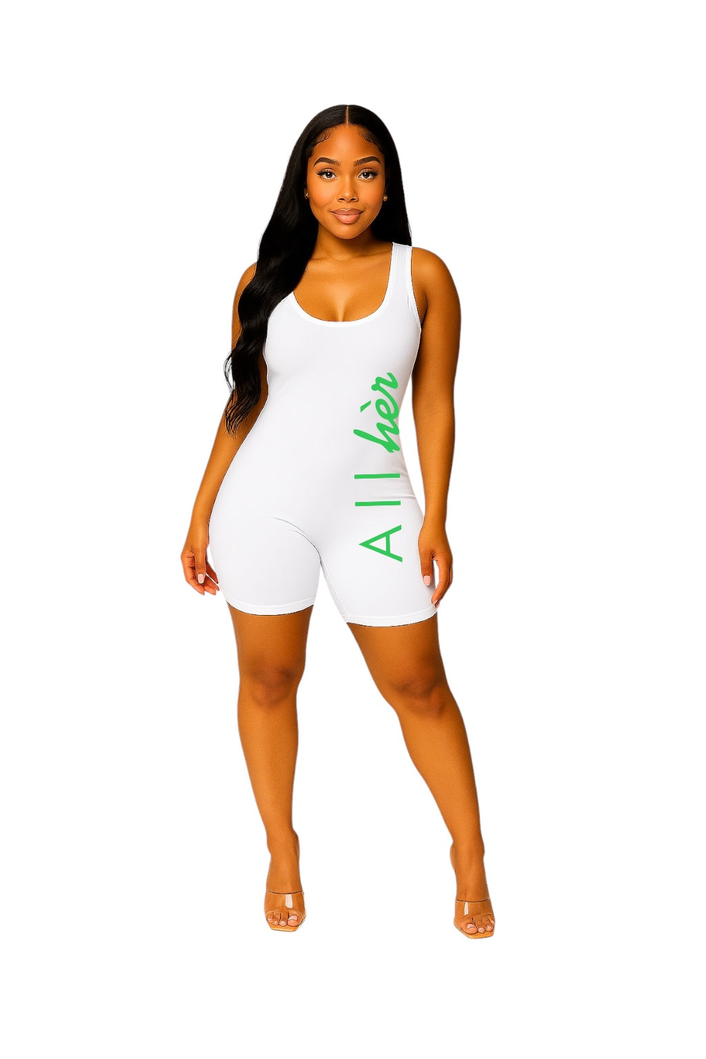White fitted romper with green logo– slip on the hèr Suit from All hèr
