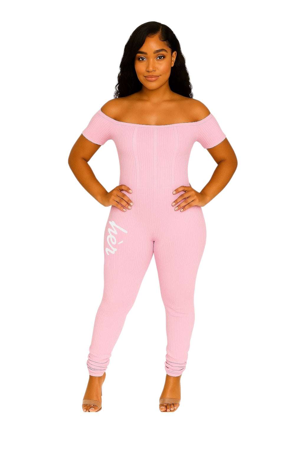 Pink off-shoulder jumpsuit with stacked legs – All hèr
