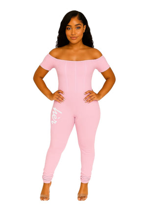 Pink off-shoulder jumpsuit with stacked legs – All hèr
