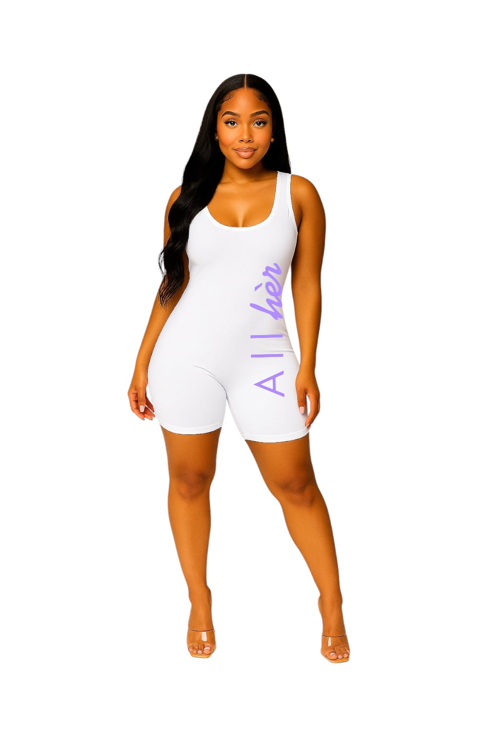 White fitted romper with lavender logo– slip on the hèr Suit from All hèr
