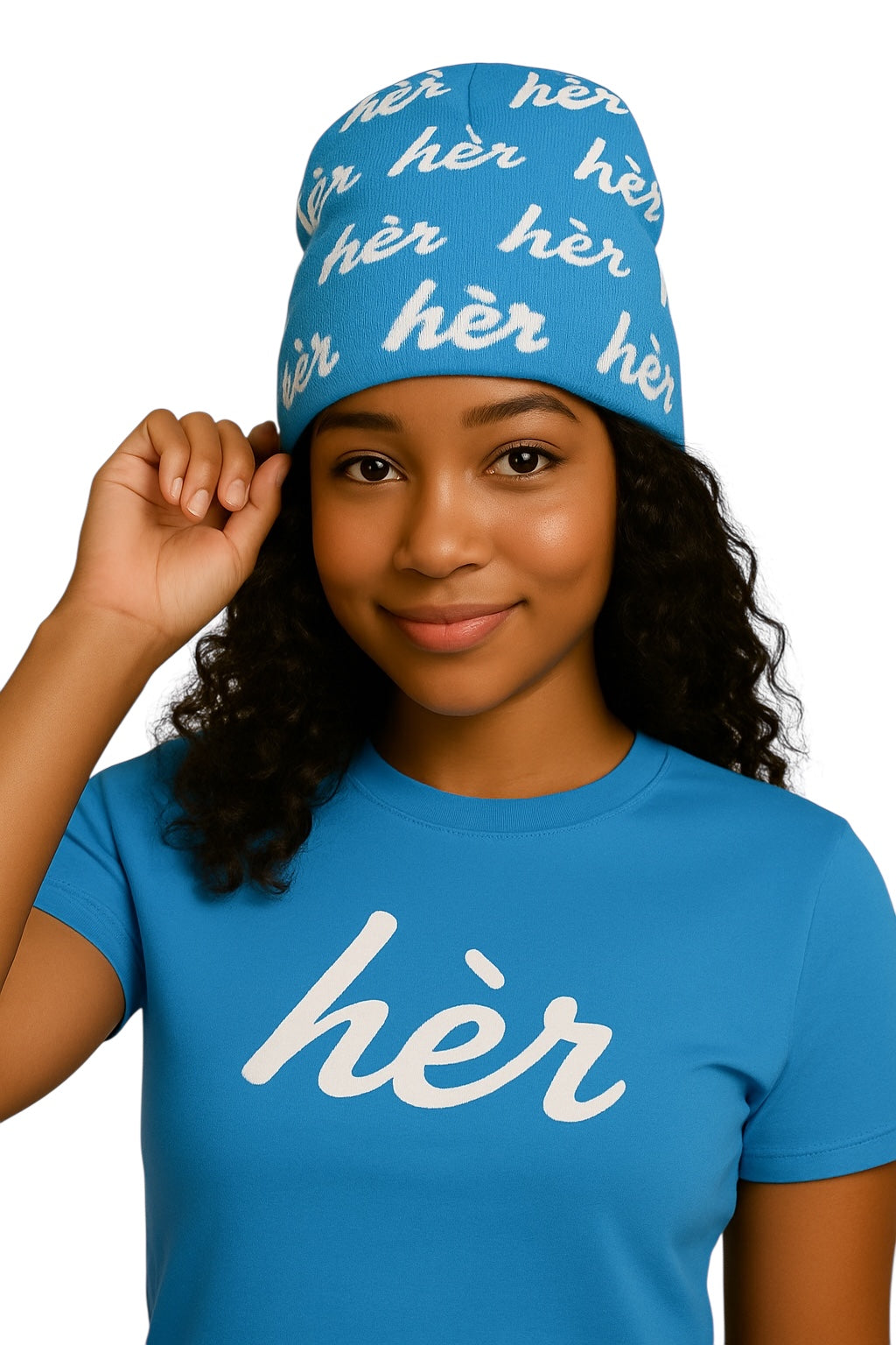 Blue knit beanie with All hèr logo – Crowned in hèr Skullie
