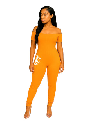 Orange off-shoulder jumpsuit with stacked legs – All hèr
