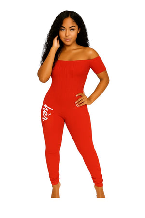 Red off-shoulder jumpsuit with stacked legs – All hèr
