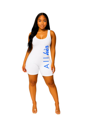 White fitted romper with dark blue logo– slip on the hèr Suit from All hèr
