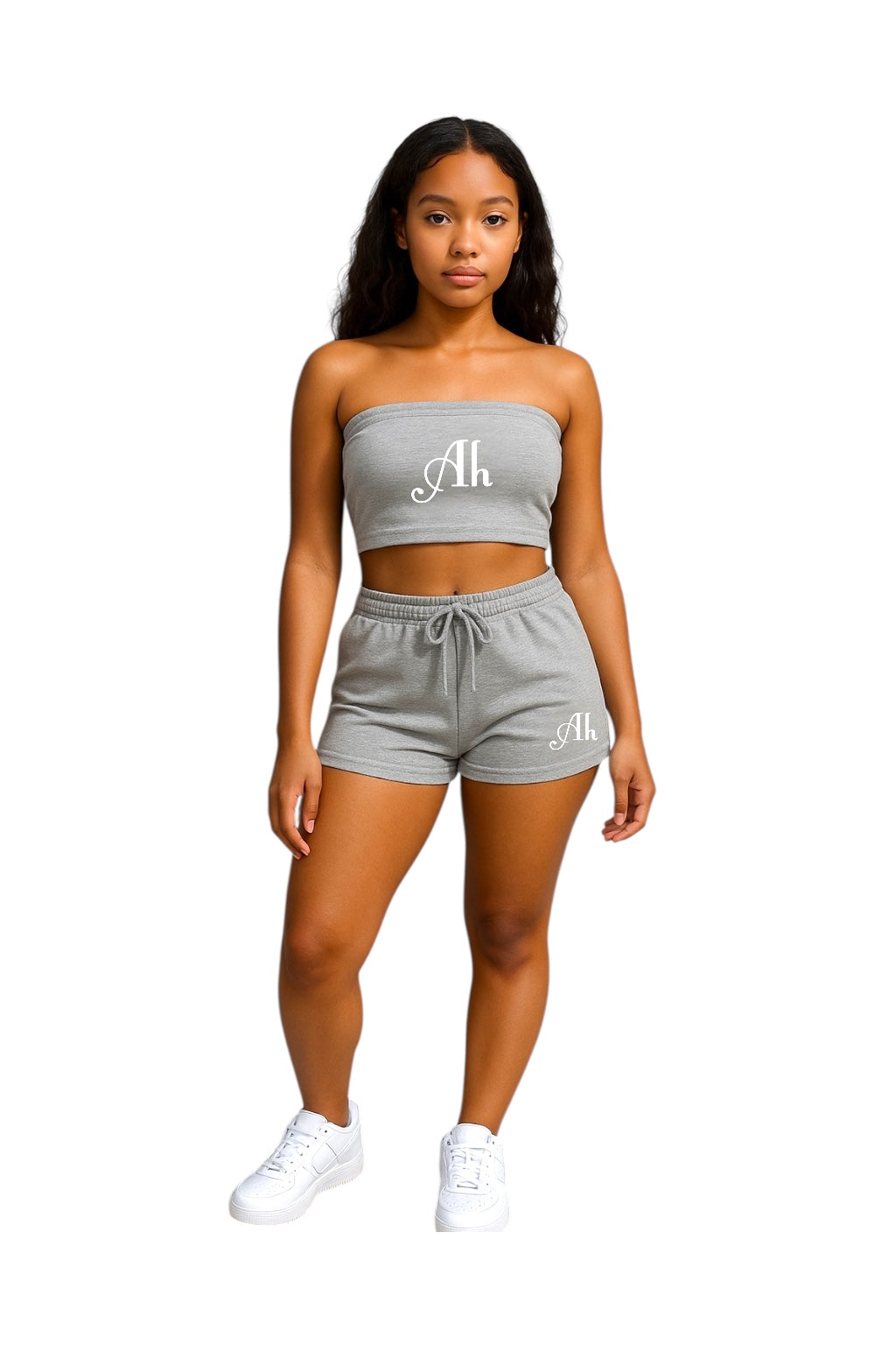Model wearing Ahh On hèr fitted two-piece set in grey