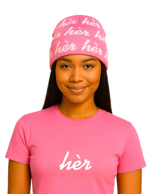 Pink knit beanie with All hèr logo – Crowned in hèr Skullie
