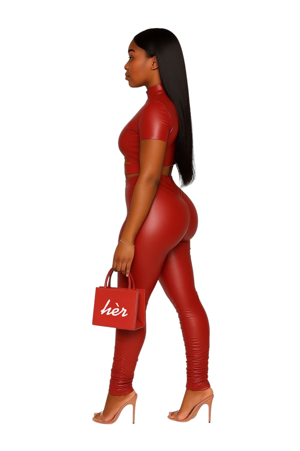 Red faux leather two-piece stacked legs set for women – Envy Hèr Set by All hèr side view