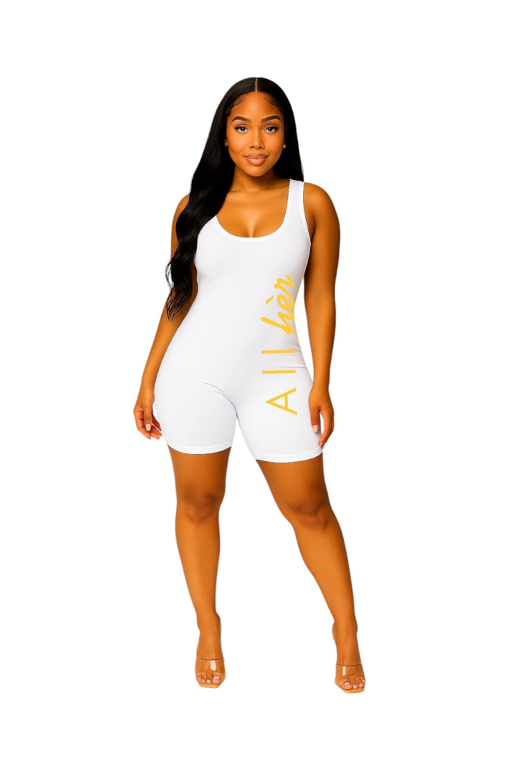 White fitted romper with yellow logo– slip on the hèr Suit from All hèr
