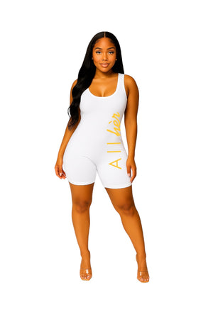 White fitted romper with yellow logo– slip on the hèr Suit from All hèr

