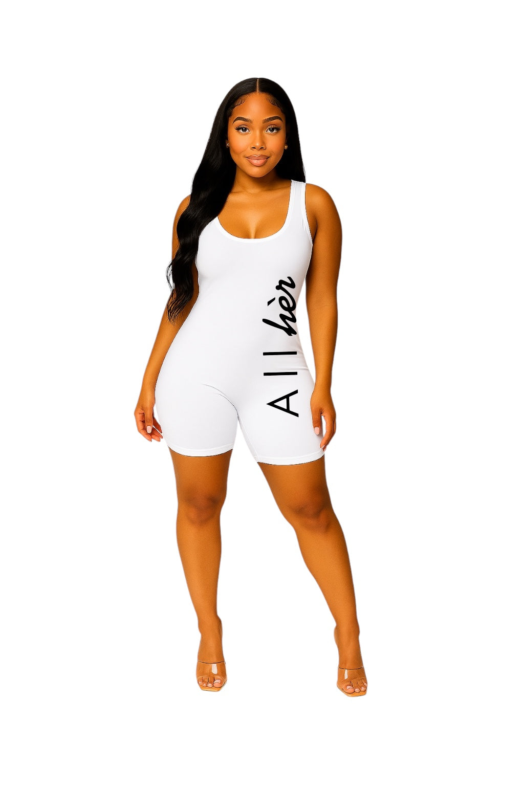 White fitted romper with black logo– slip on the hèr Suit from All hèr
