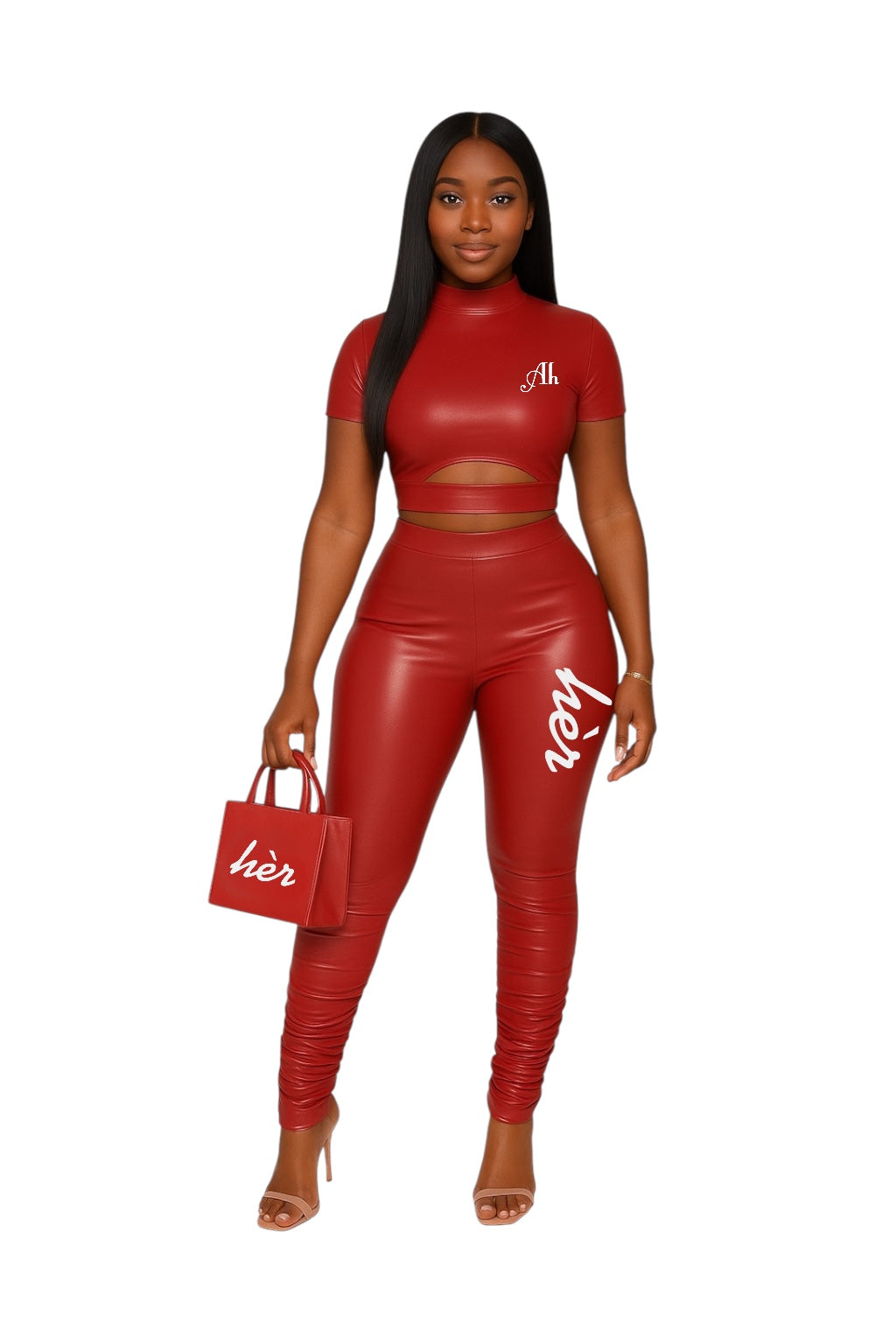 Red faux leather two-piece stacked legs set for women – Envy Hèr Set by All hèr