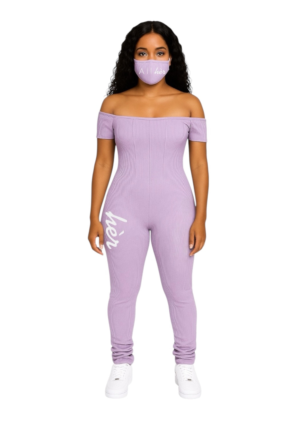 Lavender off-shoulder jumpsuit with stacked legs – All hèr