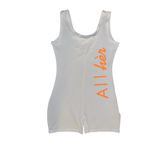 White All Hèr Romper w/ Orange Letters