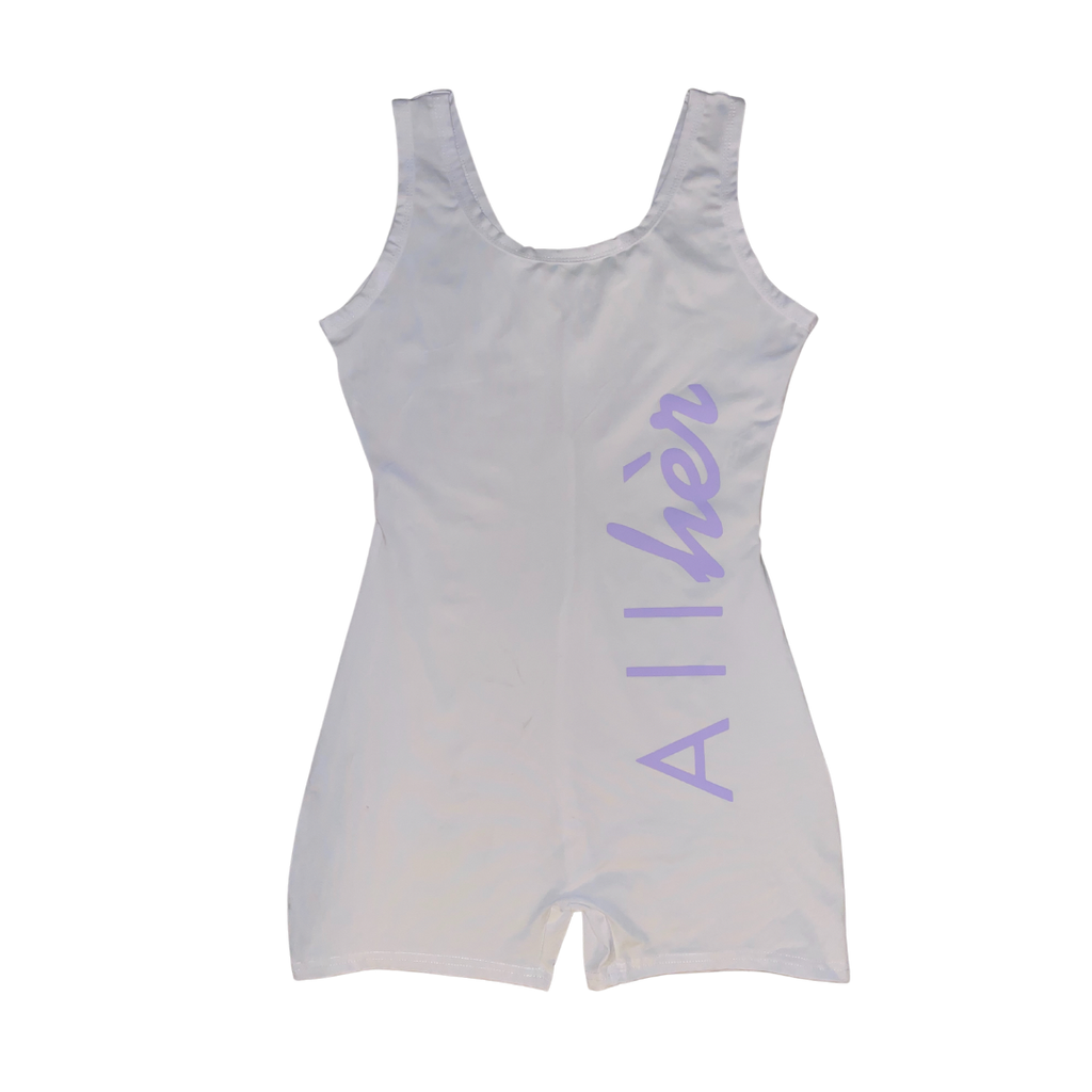 White All Hèr Romper w/ Purple Letters